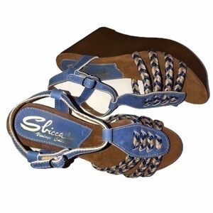 Sbicca Blue and Brown Wedge Sandals